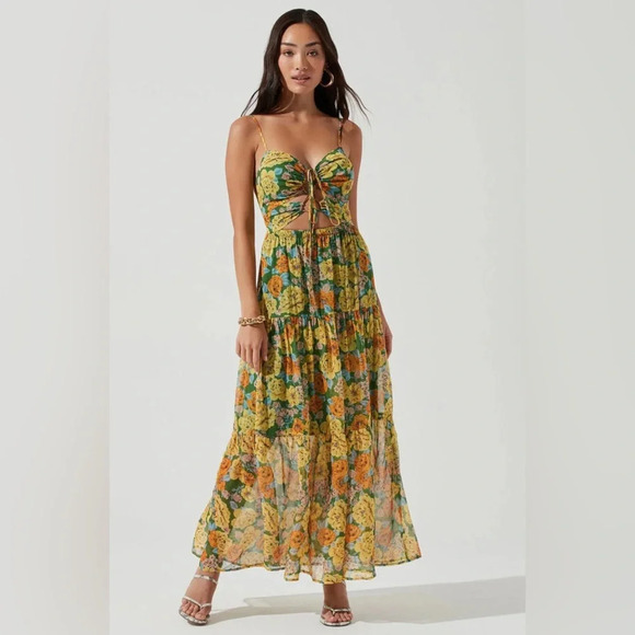 ASTR the Label Brandy Floral-Print Cutout Maxi Dress Yellow Green Size Small - Picture 1 of 8